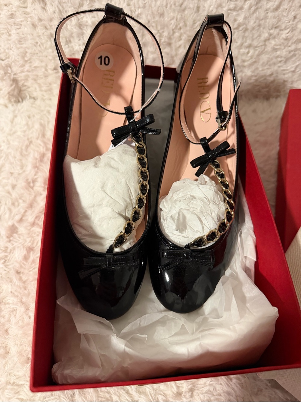 Valentino NIB Patent Black Ankle-Strap Ballet Flats with Gold Chain Accent